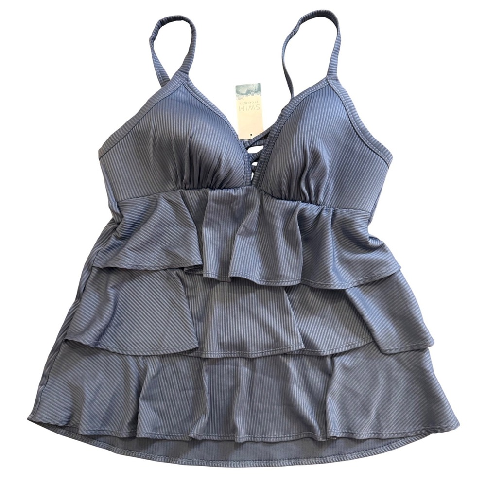 Cacique Swim Blue Ribbed Ruffle Tankini Swim Top Size 14 Top Only